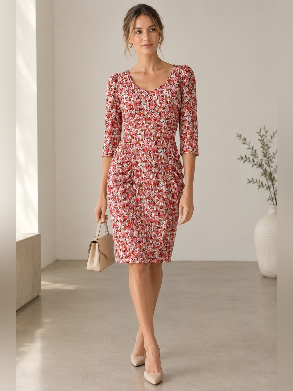 Reiss Rachel White with Red Florals Lace Half Sleeve Bodycon Dress size 8